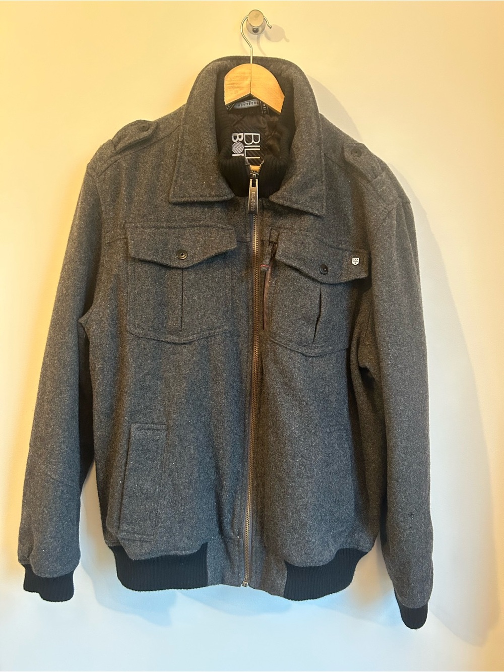 Billabong Men's Quilted Lined Wool Blend Military Bomber Jacket Grey L